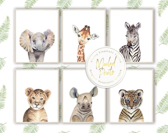 Set of 6 Safari Animals Nursery Prints, Gender Neutral Nursery Prints, Jungle Animals Nursery Decor, Safari Animals Wall Art