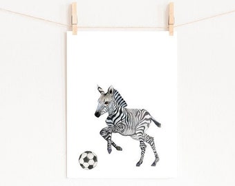 Zebra Soccer Watercolor Print, Boy Nursery Decor (Digital Download)