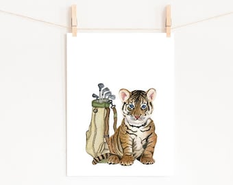 Baby Tiger Golf Watercolor Print, Nursery Safari Animals (Digital Download)