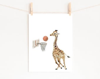 Giraffe Basketball Watercolor Print, Boy Nursery Decor (Digital Download)