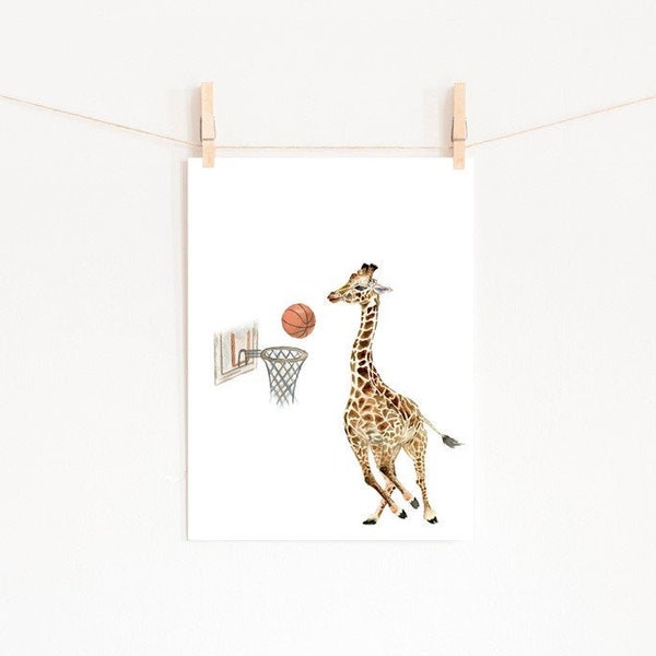 Giraffe Watercolor Nursery Painting Decor Giraffe Playing Basketball Boy Room Nursery Decor Animals Sports Toddler Wall Art Printable