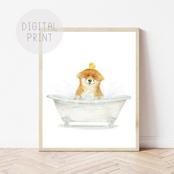 Baby Fox with Rubber Ducky in Vintage Bathtub, PRINTABLE, Bathroom Wall Art, Baby Fox in Tub, Kids Bathroom Art, Fox Bathing Print