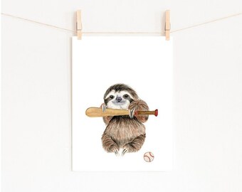 Sloth Baseball Watercolor Print, Nursery Sports Decor (Digital Download)
