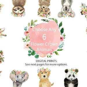 Personalized Set of 6 Flower Crown Animal Prints, PRINTABLE, Custom Animal Nursery Décor, Animals with Flower Crown, Baby Girl Nursery Art