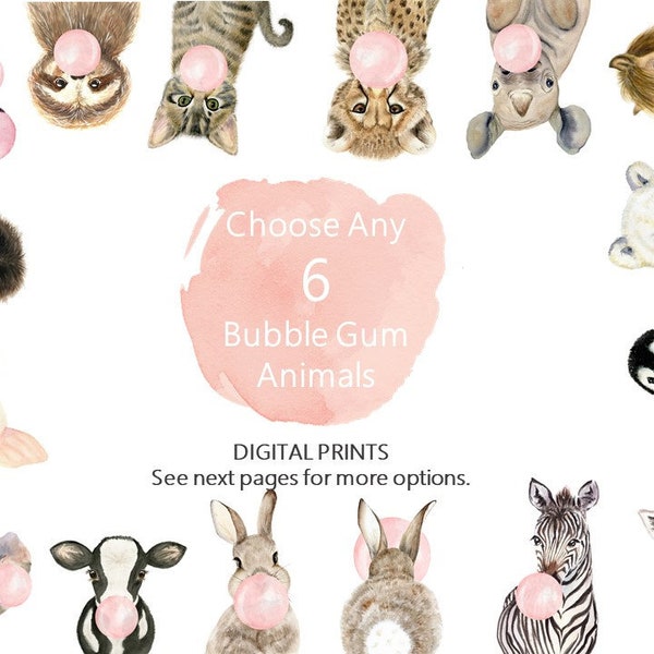 Custom Set of 6 Bubble Gum Animal Prints, PRINTABLE, Animals with Bubble Gum, Baby Girl Nursery Art, Bubble Gum Animals Wall Art