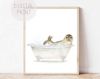Seal in Bathtub Watercolor Print, Funny Bathroom Art (Digital Download)