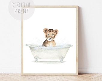 Lion Cub Bathtub Watercolor Print, Kids Bathroom Decor (Digital Download)