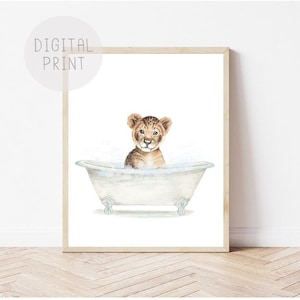 Lion Cub in a Bathtub Print, Bathroom Wall Art, PRINTABLE, Baby Lion Taking a Bath, Safari Bathroom Print, Whimsy Animal, Kids Bathroom Art