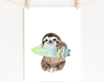 Sloth Watercolor Nursery Painting, PRINTABLE, Surfboard Print, Surf Sloth, Baby Boy Room Decor, Cute Sloth Poster, Sports Nursery Wall Art