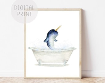 Narwhal in Bathtub Watercolor Print, Funny Bathroom Art (Digital Download)