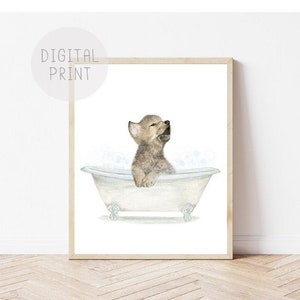 Wolf Cub in a Bathtub Print, Child&#39;s Bathroom Art PRINTABLE, Baby Wolf Taking a Bubble Bath, Bathroom Décor, Kids Bathroom Wall Art
