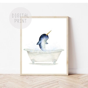 Narwhal in a Bathtub Print, Bathroom Art PRINTABLE, Narwhal Taking Bath, Funny Bathroom Wall Art, Narwhal Bubble Bathing, Kids Bathroom Art