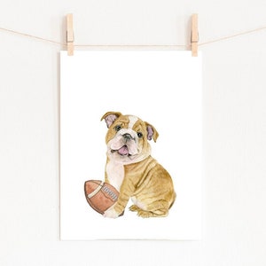 Bulldog Watercolor Nursery Decor PRINTABLE Bulldog Puppy Playing Football Boy Room Nursery Decor Sports Theme Toddler Room Wall Art