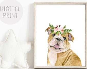 Watercolor Bulldog Puppy Print, Flower Crown, Nursery Decor (Digital Download)