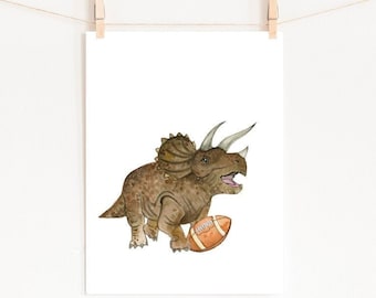 Triceratops Football Watercolor Print, Dinosaur Nursery Art (Digital Download)