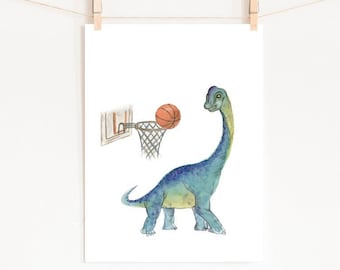 Aquarel dinosaurus basketbal kinderkamer print (digitale download)