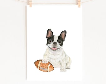 French Bulldog Football Art Print, Nursery Sports Decor (Digital Download)