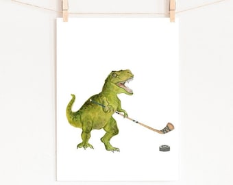 水彩画「恐竜ホッケー」プリント、T-Rex 保育園アート（デジタルダウンロード）