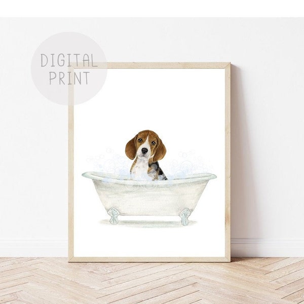 Beagle in a Bathtub Print, Dog Bathroom Art, PRINTABLE, Beagle Taking a Bath, Funny Bathroom Wall Art, Dog Bubble Bathing, Kids Bathroom Art