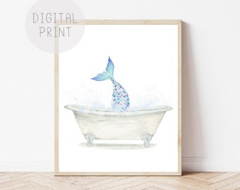 Mermaid Bathroom Art, Mermaid Tail Print, PRINTABLE. Mermaid Bathtub, Mermaid Bathroom Decor, Funny Bathroom Wall Art, Girl Bathroom Art