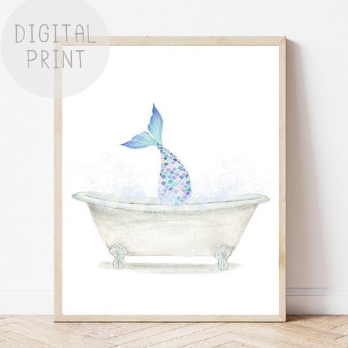 Mermaid in Bathtub Color Art Print Bathroom Decor | Etsy