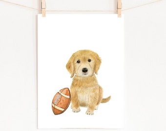 Golden Retriever Playing Football, PRINTABLE, Nursery Sports Art, Football Art Print, Boys Room Football Decor, Football Nursery Wall Art