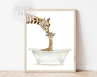 Mother Baby Giraffe in a Bathtub Print, Child&#39;s Bathroom Art PRINTABLE, Giraffe Taking a Bath, Bathroom Decor, Kids Bathroom Wall Art