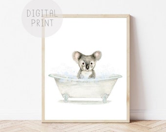 Koala in Bathtub Watercolor Print, Funny Bathroom Art (Digital Download)