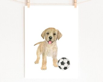 Yellow Lab Puppy Soccer Print, Watercolor Nursery Art (Digital Download)