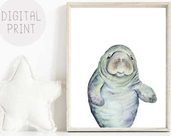 Manatee Watercolor Art Print, Nursery Decor (Digital Download)