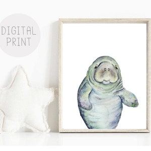 Manatee Watercolor Painting, Manatee Art Print, PRINTABLE, Manatee Nursery Wall Art, Sea World Watercolor Painting, Ocean Nursery Art