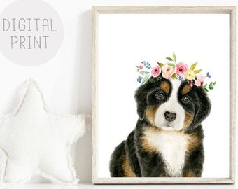 Nursery Puppy Decor, Bernese Mountain Puppy Print, PRINTABLE, Watercolor Puppy with Flower Crown, Baby Girl Room Decor, Baby Dog Wall Art