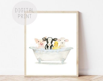 Farm animals in a Vintage Bathtub, PRINTABLE, Bathroom Wall Art, Animals in Tub, Kids Bathroom Wall Art