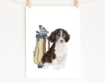 Spaniel Puppy Golf Art Print, Watercolor Nursery Decor (Digital Download)