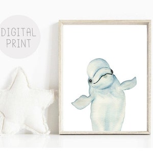 Whale Art Print, PRINTABLE, Ocean Nursery Wall Art, Sea Animals Nursery Decor, White Whale Wall Art, Ocean Nursery Decor