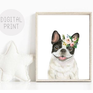 Nursery Puppy Décor, French Bulldog Puppy Print, PRINTABLE, Watercolor Puppy with Flower Crown, Baby Girl Room Décor, Bulldog Wall Art