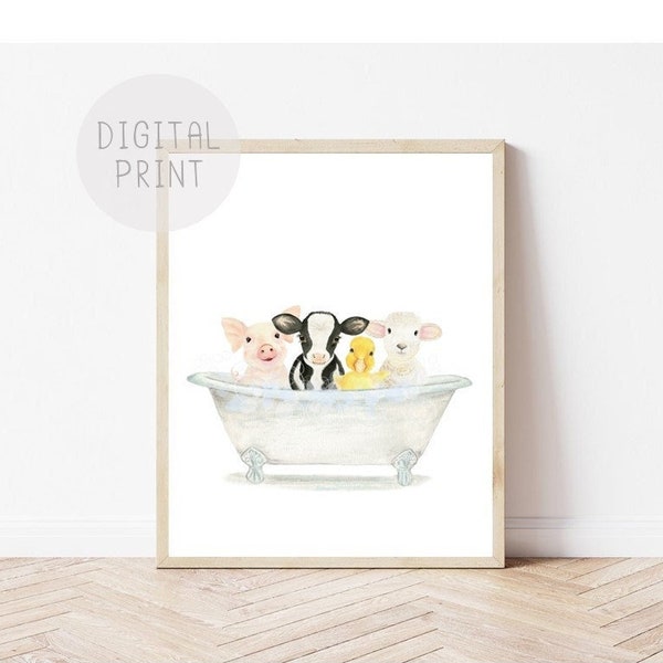 Farm animals in a Vintage Bathtub, PRINTABLE, Bathroom Wall Art, Animals in Tub, Kids Bathroom Wall Art