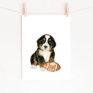 Bernese Mountain Dog Print, Puppy Playing Football, PRINTABLE, Nursery Sports Art, Boys Room Football Decor, Football Nursery Wall Art