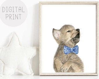 Baby Wolf Nursery Print, PRINTABLE, Little Wolf Watercolor Painting, Navy Blue Bow Tie Animal Print, Baby Boy Nursery Décor