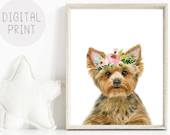 Watercolor Yorkie Puppy Print, Flower Crown, Nursery Decor (Digital Download)