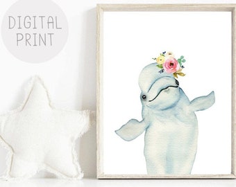 Aquarel print walvis met bloemenkroon, oceaankwekerijkunst (digitale download)