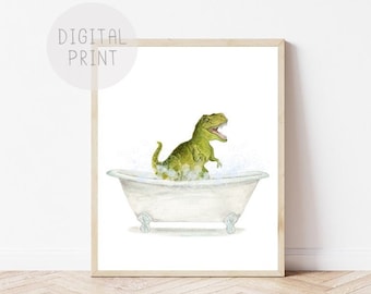Dinosaur in Bathtub Watercolor Print, Kids Bathroom Decor (Digital Download)