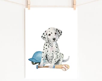 Dalmatian Puppy Baseball Watercolor Print, Nursery Decor (Digital Download)