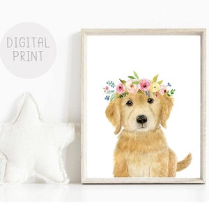 Nursery Puppy Decor, Golden Retriever Puppy Print, PRINTABLE, Watercolor Puppy with Flower Crown, Baby Girl Room Decor, Baby Dog Wall Art