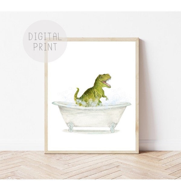 Dinosaur in a Bathtub Print, Child's Bathroom Art PRINTABLE, Dinosaur Taking a Bubble Bath, Jurassic Bathroom Décor, Kids Bathroom Wall Art