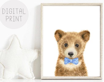 Bear Cub Watercolor Print, Blue Bow Tie, Woodland Nursery Art (Digital Download)