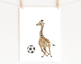 サッカーをするキリンの水彩画、子供部屋の装飾（デジタルダウンロード）