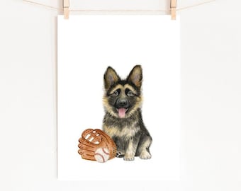 German Shepherd Baseball Print, Nursery Sports Art (Digital Download)