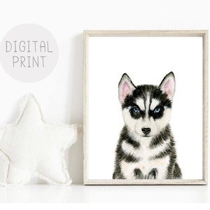 Husky Puppy Print, IMPRIMIBLE, Decoración de guardería de género neutro, Arte de guardería de cachorros, Arte de pared de la habitación del bebé, Impresión de guardería para perros, Impresión de husky