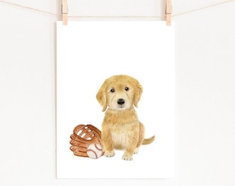 Golden Retriever Baseball Print, Nursery Sports Art (Digital Download)